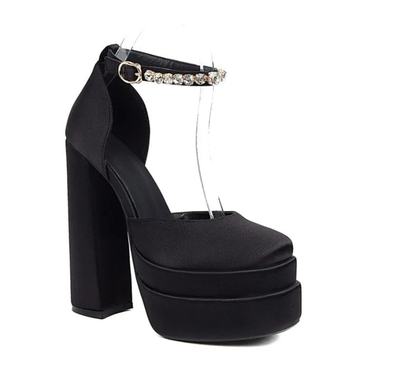 Advbridge Women New Suede Leather Thick Heel Low-top Square Pumps Diamond Ankle Strap Buckle Shoes