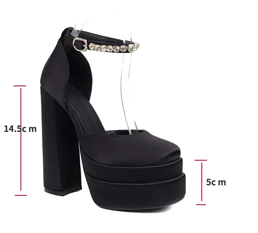 Advbridge Women New Suede Leather Thick Heel Low-top Square Pumps Diamond Ankle Strap Buckle Shoes