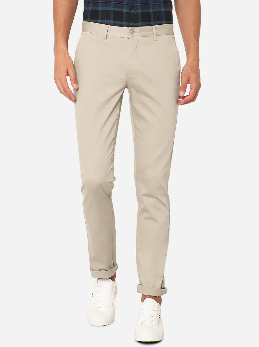 Beige Solid Super Slim Fit Casual Trouser | Greenfibre