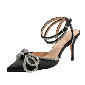 Black Satin Double Bow Jewel Pumps