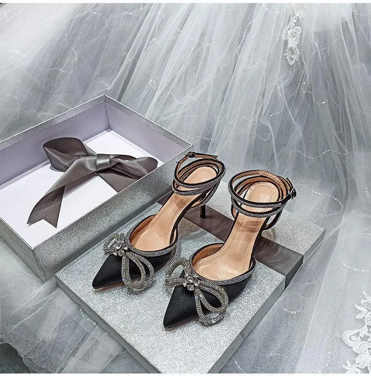 Black Satin Double Bow Jewel Pumps