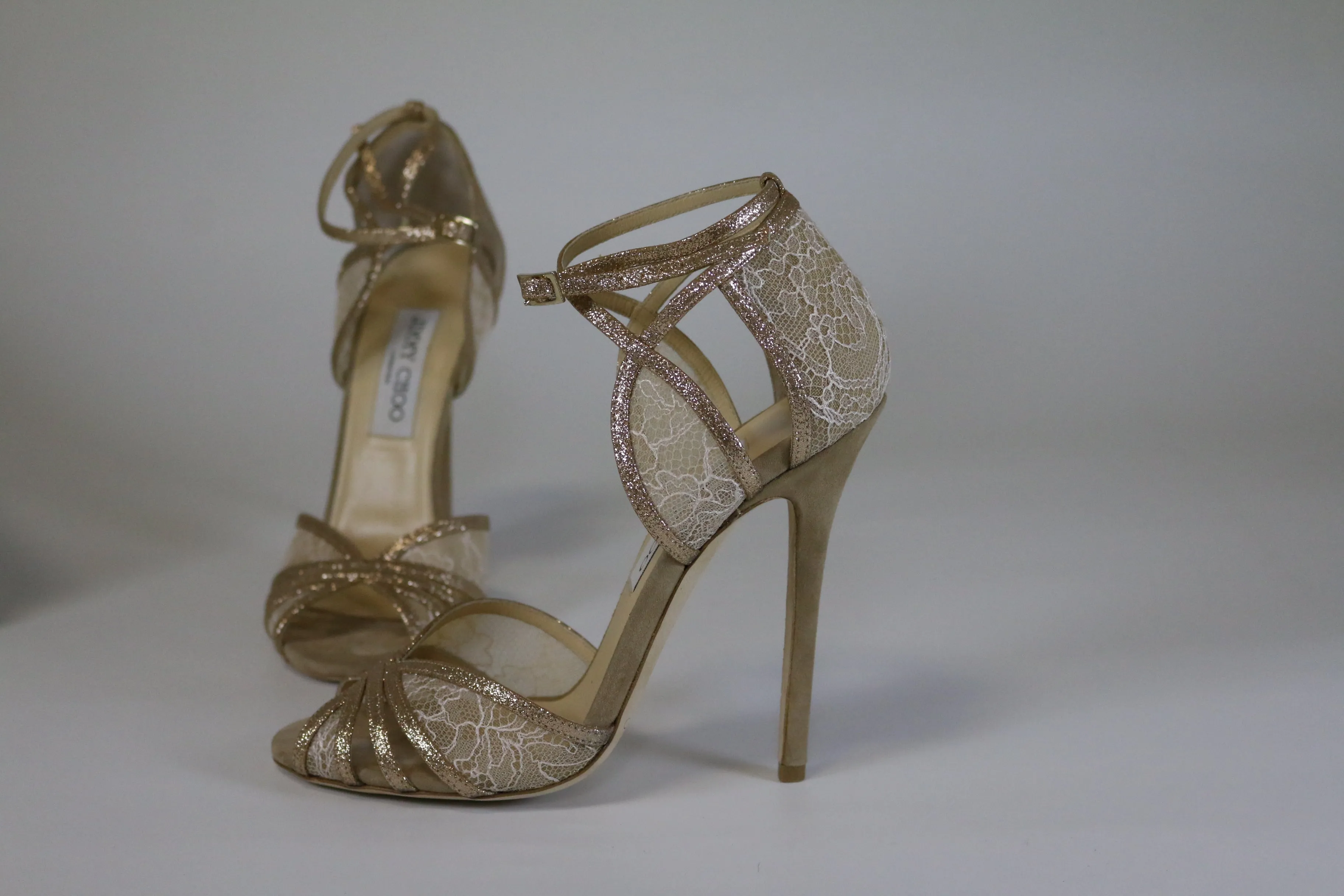 Jimmy Choo Fitch Fine Glitter/Lace Nude Sandals