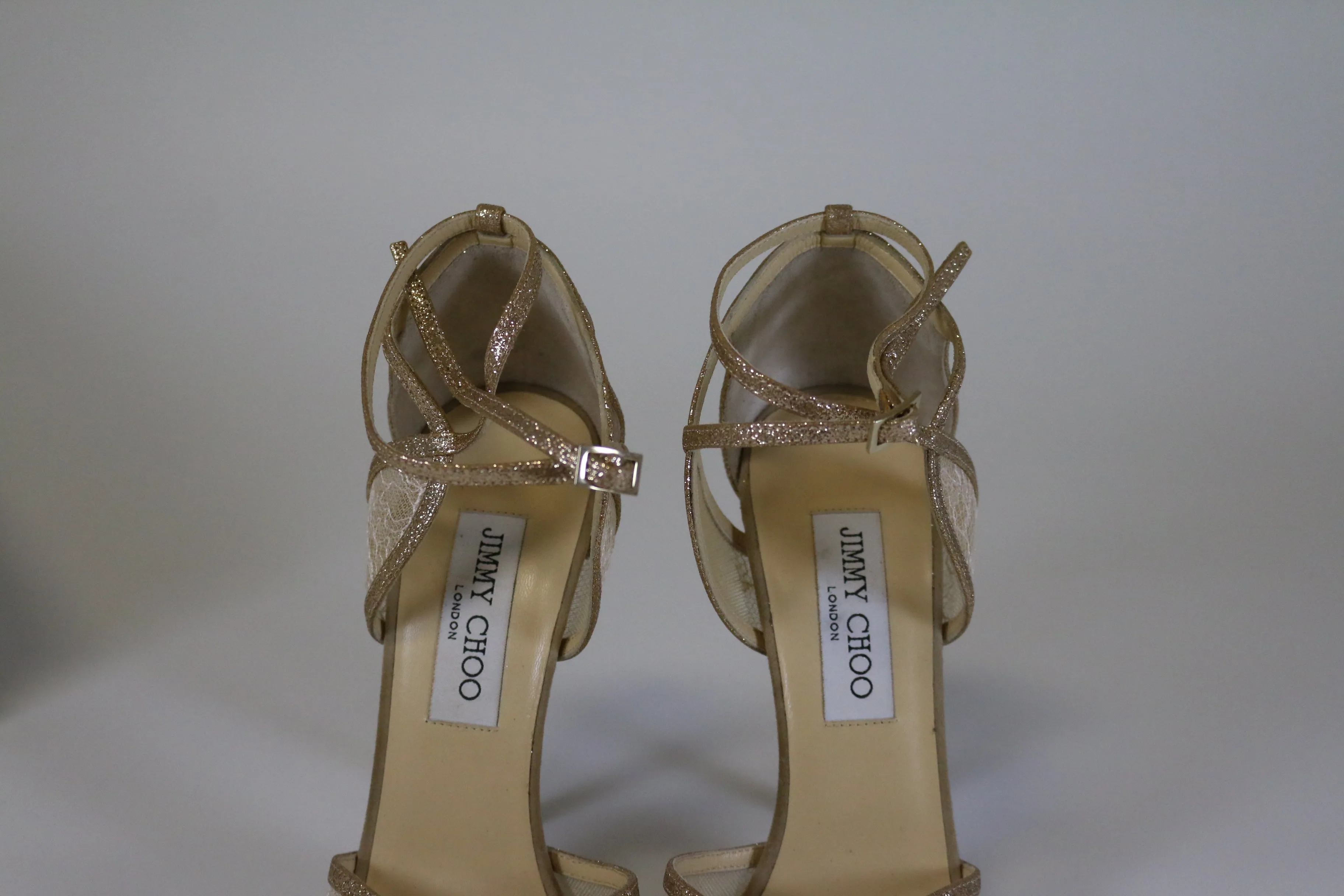 Jimmy Choo Fitch Fine Glitter/Lace Nude Sandals