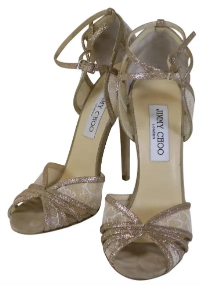 Jimmy Choo Fitch Fine Glitter/Lace Nude Sandals