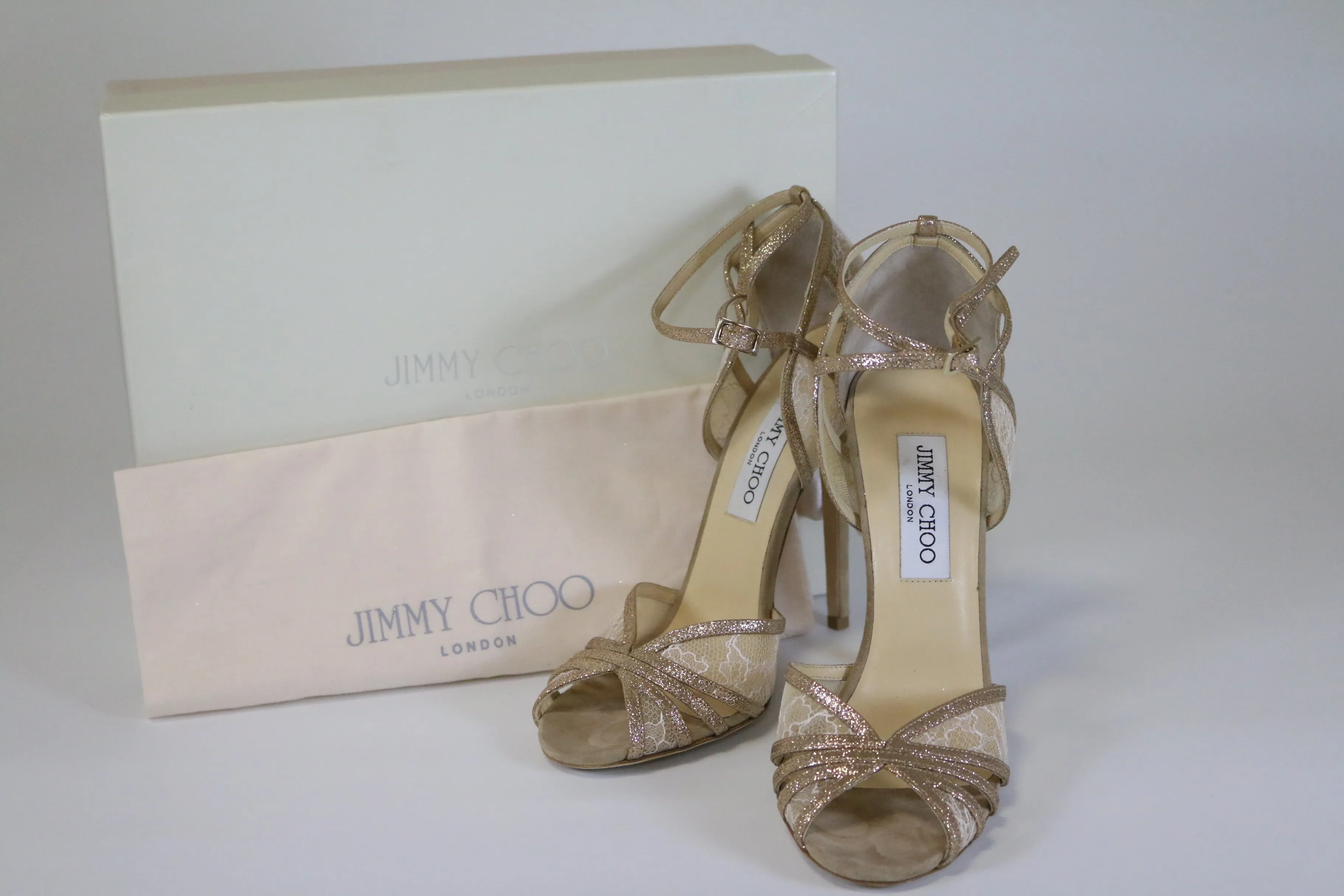 Jimmy Choo Fitch Fine Glitter/Lace Nude Sandals