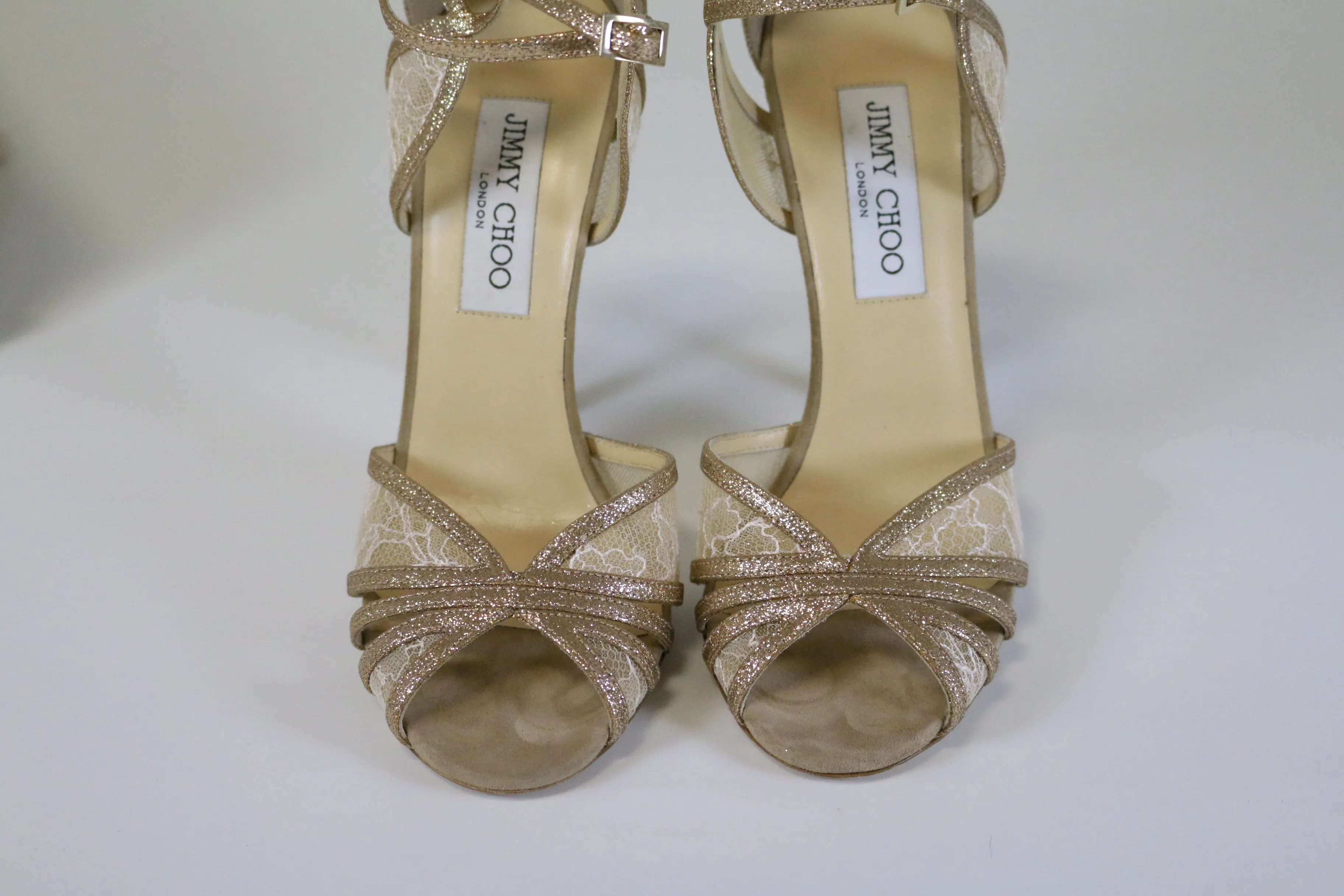 Jimmy Choo Fitch Fine Glitter/Lace Nude Sandals