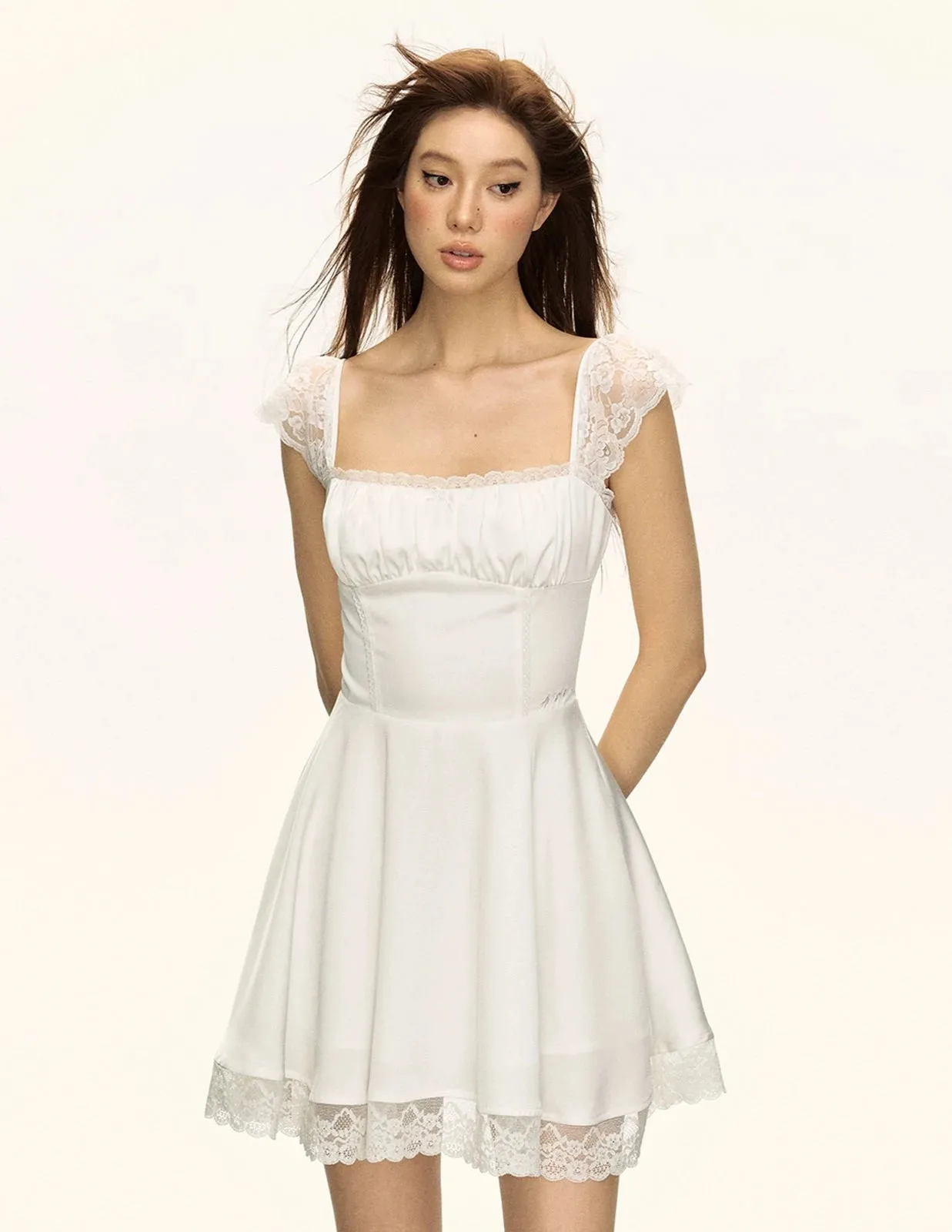 Lace Trim Square Neckline Skater Dress