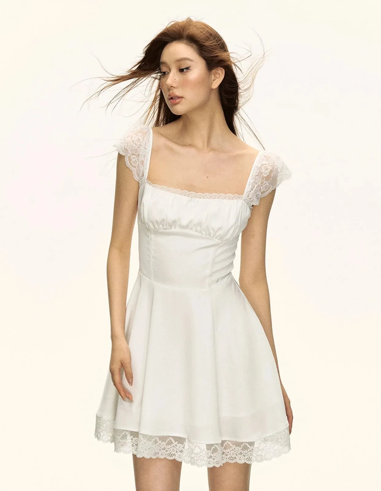 Lace Trim Square Neckline Skater Dress