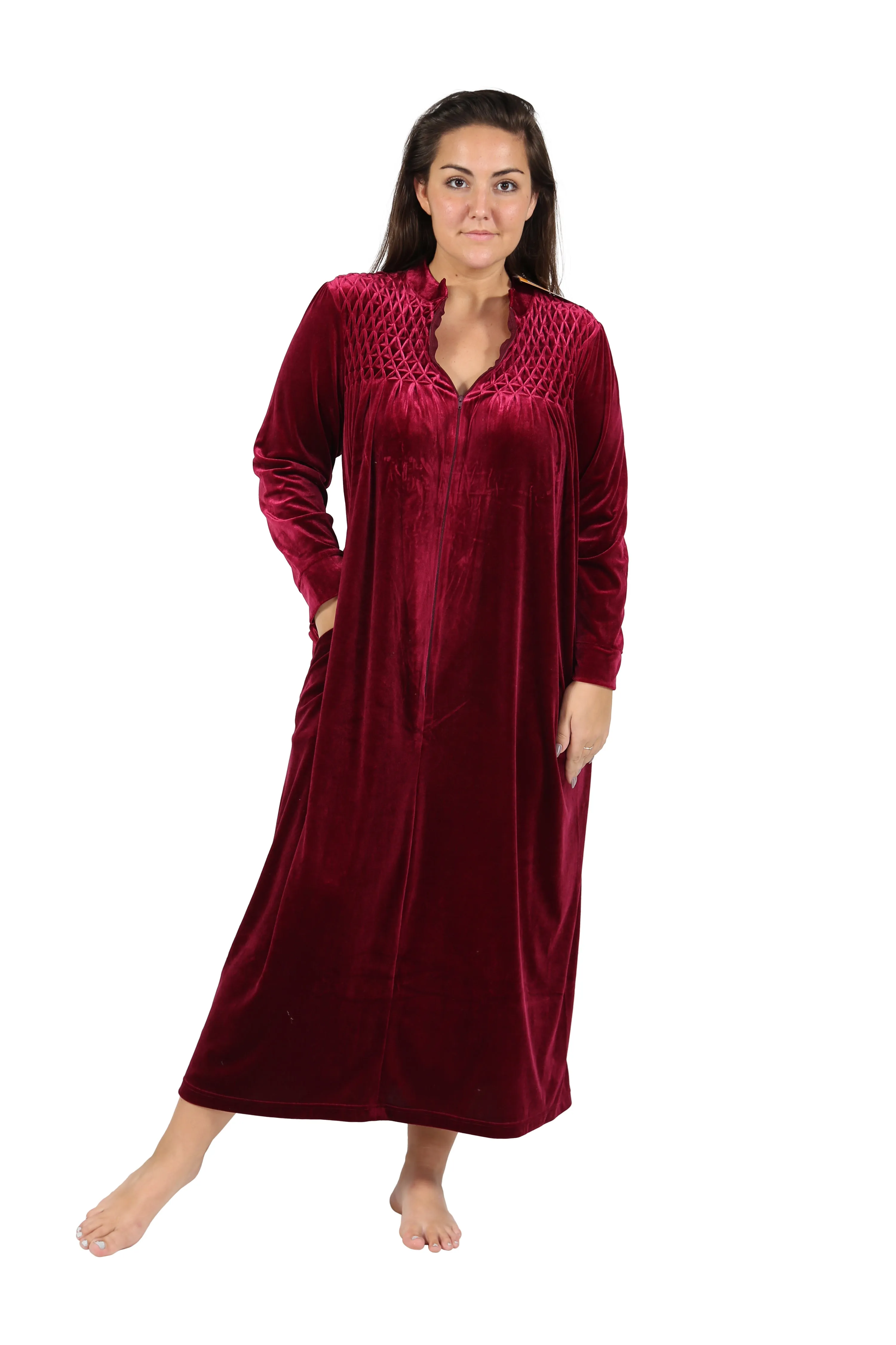 Plus Size Smocked Velour Zip Front Robe